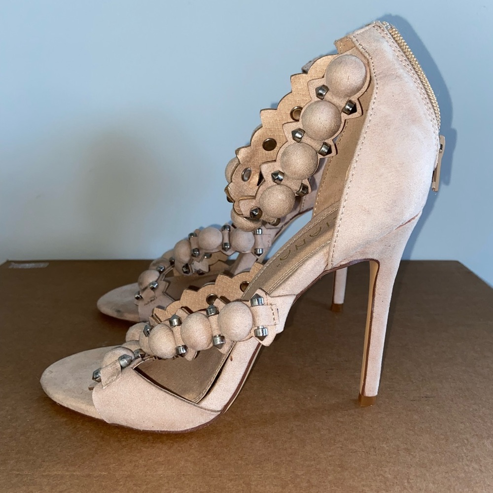 Liliana Beige Multi-Strap Heeled Sandals with Metal Details